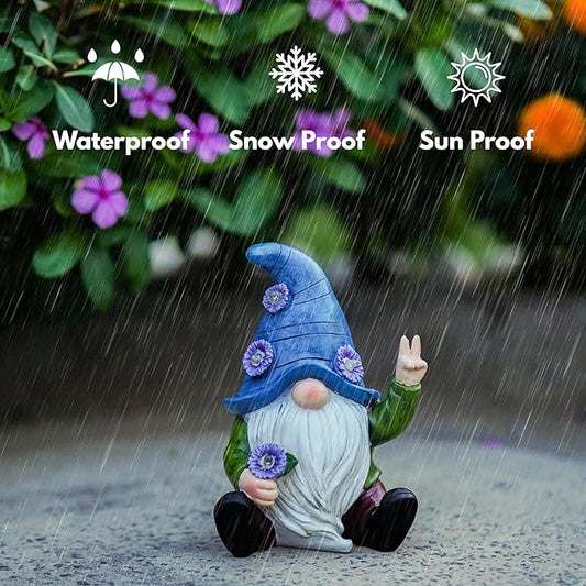 Peace Gnome Garden Statue - Original Design - Blue Peace Gnome Design for Yard, Lawn, Patio, Porch - Weatherproof Resin Garden Decoration - Solar Light - Outdoor Decor & Unique Gnome Gift for Women