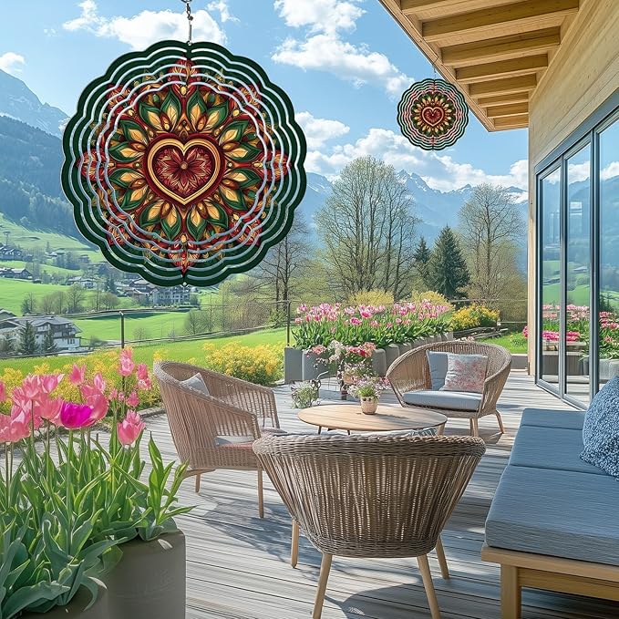 Mandala Wind Spinners Outdoor, Hanging Wind Spinner for Garden Decoration, 8 inch 3D Stainless Steel Metal Wind Sculpture for Indoor/Outdoor Decor