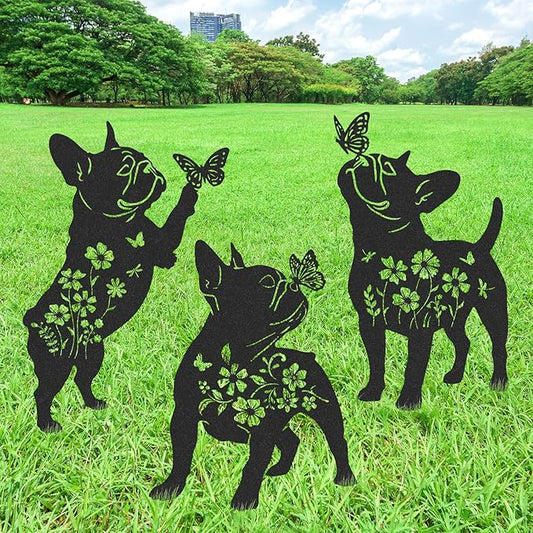 French Bulldog Gifts Decor - 3 Pcs Metal Garden Stakes Outdoor Animal Statue Decorations Patio Lawn Pathway Yard Art Ornaments Butterfly Flower Silhouette Christmas Birthday for Dog Lover