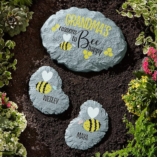 Let's Make Memories Personalized Reasons to Bee Happy Garden Stone - Garden Décor - Customized Garden Stone - Large Garden Stone - 10" Diameter