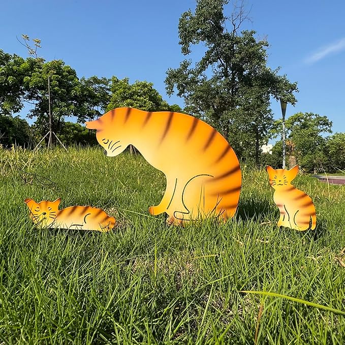 Metal Cat Family 3 Pack Garden Statues, Outdoor Decorative Silhouette Stakes for Yard and Patio Lawn Ornaments - Animal Sculpture Art (Orange)