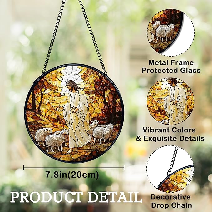Christian Jesus and Lamb Suncatchers Stained Glass Window Hanging, Jesus Religious Sun Catchers Indoor Window Glass Round Wall Decor, Christian Wall Hanging Decorations, 7.9x7.9in