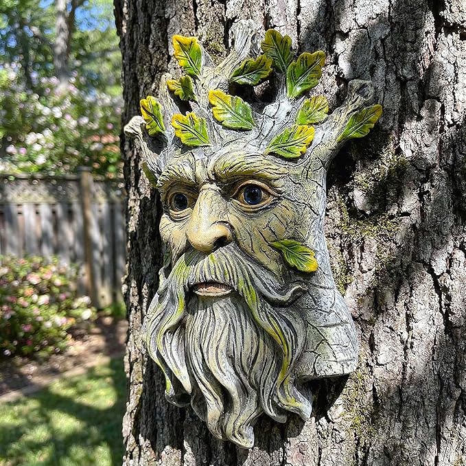 9.8" Whimsical Tree Face Sculpture, Garden Peeker Statue, Outdoor Trunk Tree Huggers Art, Landscape Accent Ornament, Hanging Fairy Elve Figurine for Yard Art, Trees Decor Wall Mounted Statues