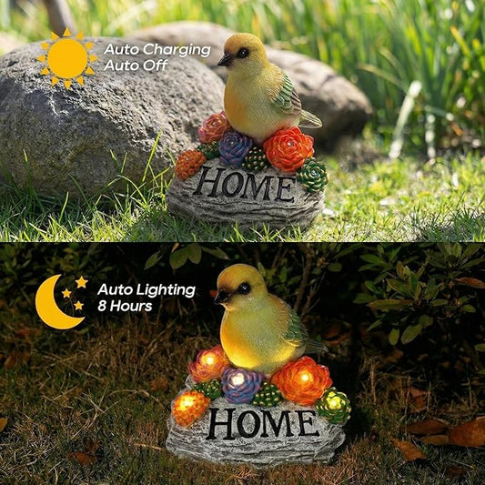 DECOUE Solar Garden Statue with Bird & “Home” Sign, Solar Bird Light Outdoor Decor with Warm LED Glow, Garden Decor for Outside Yard Patio Walkway, Decorative Garden Statue with Succulent Accents