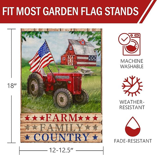 Furiaz Farm Family Country Barn Tractor July 4th American Patriotic Garden Flag, USA America Memorial Day Yard Decorative Home Outside Decoration, Spring Summer Farmhouse Outdoor Small Decor 12x18