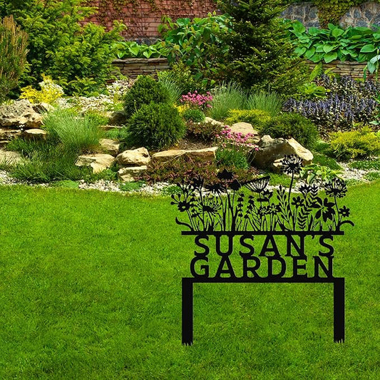 Custom Flowers Metal Garden Decor, Sign for Flower Beds, Personalized Flowers Garden Sign with Stakes, Metal Yard Art, Gift for Grandmother, Patio Decor, Farmhouse Decorations, Mom Gift