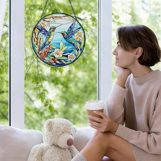 AELS Stained Glass 7.87" Round Suncatcher, Colorful Sun Catcher for Home Garden Window Decor, Window Hanging Ornament Gift for Friends and Family, Blue Feathered Hummingbird