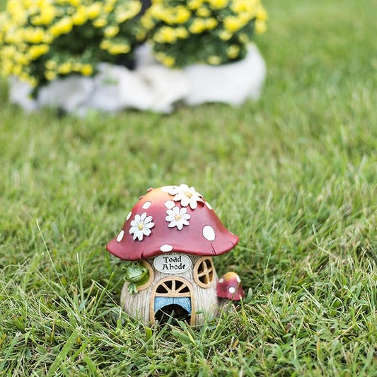 Giftware by Roman Inc., 8" H Toad Abode with Daisy Statue, Garden Collection, Outdoor Statue, Memorial, Resin Stone, Adorable Mushroom and Flowers, Garden Décor (7x5x7)