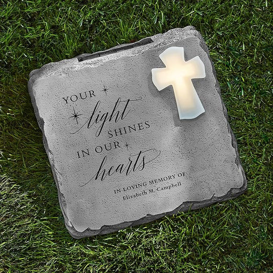 Let's Make Memories Personalized Memorial Garden Stone - Engraved Sympathy Garden Marker - Condolences - Solar Cross - Your Light Shines