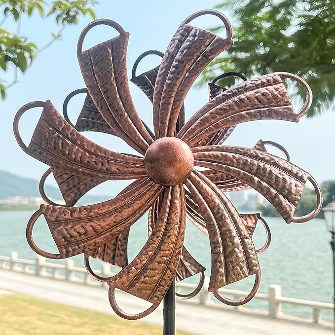 54” Metal Wind Spinner Outdoor Decor, Double Layer 360° Rotating Kinetic Sculpture, Rustproof Weather-Resistant Yard Art for Patio Lawn, Wind Spinners for Yard and Garden (Copper)