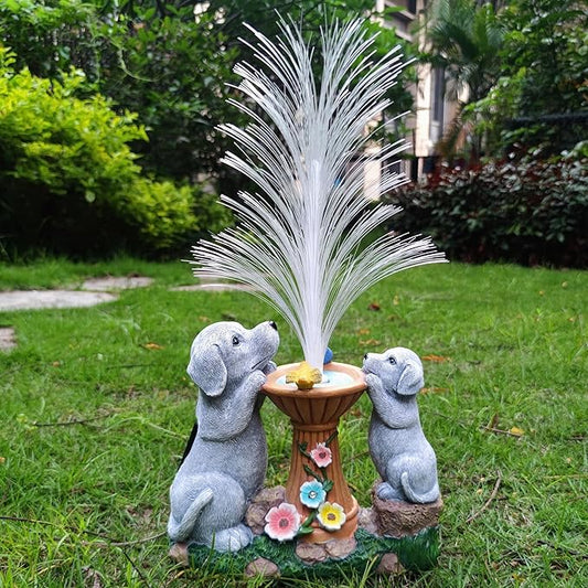 Solar Dog Statues Garden Decor with LED Lights -Resin Dogs Figurines Lights and Colour Changing Fiber Optical Light, Outdoor Decorations for Patio Yard Lawn Ornaments-Gifts for Housewarming