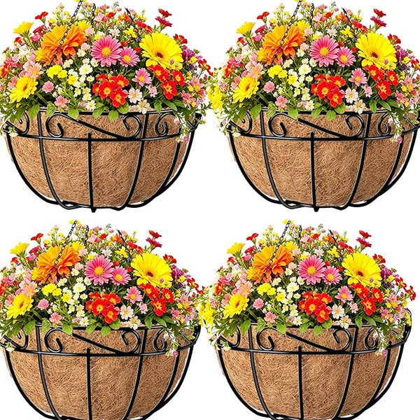 AMAGABELI GARDEN & HOME 4 Pack 15 Inch Metal Plant Hanging Baskets Planter Flower Pots Outdoor Indoor Wire Hanging Basket for Vegetable with Coco Fiber Liners for Garden Home Porch Decor