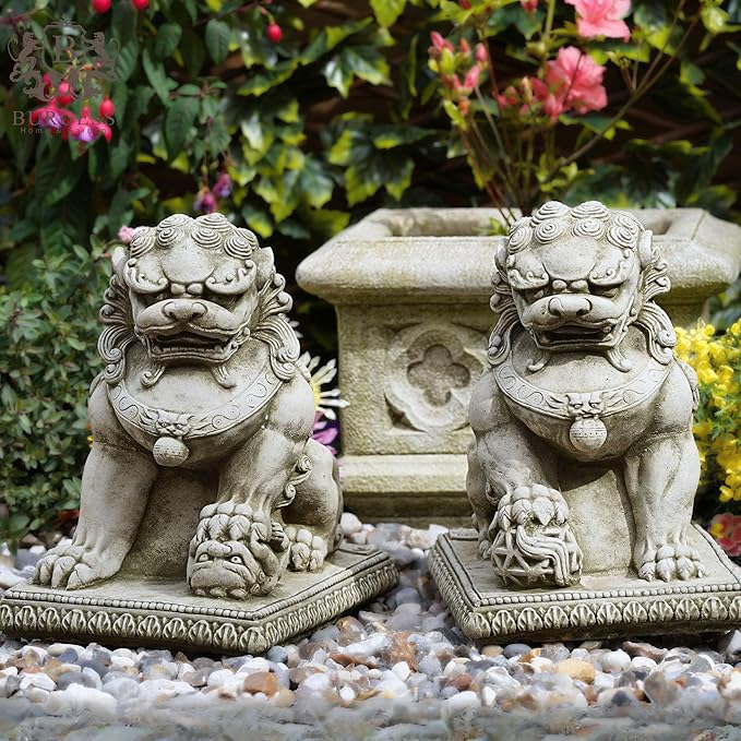 Pair of Foo Dog Stone Statues | Decorative Oriental Dragon Sculpture Ornamental Lion Animal Garden Ornament Decoration