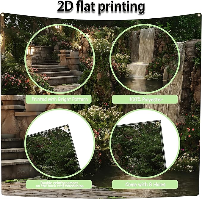 Garage door banner cover, 6x13 ft beautiful garden scene with flowers and waterfalls background, Large Outdoor Backyard Landscape Decoration (Garden Waterfall)