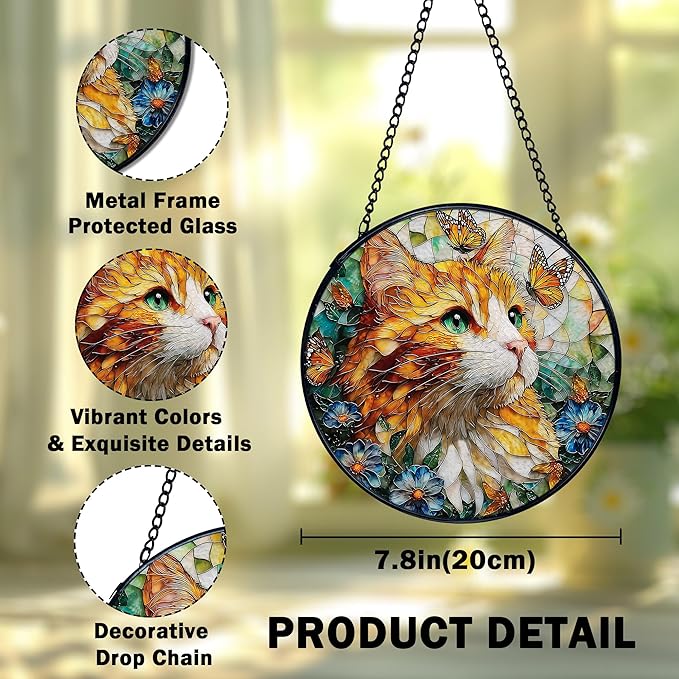 Cat Flower Suncatcher Stained Glass Window Hanging, Butterfly Floral Orange Cat Sun Catchers Indoor Window Glass Wall Art Decor, Kitten Floral Wall Hanging Decor, 7.9x7.9 Inch 035-MH-BLGH