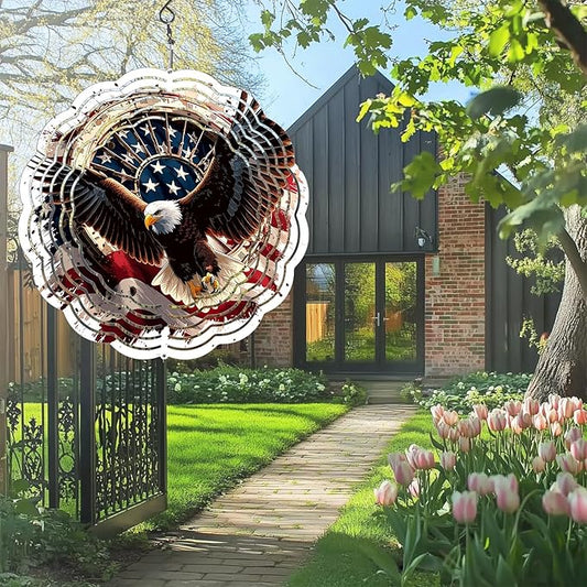 Eagle American Flag Wind Spinner Outdoor, USA 250th Anniversary Wind Chime, 8 Inch 3D Metal Garden Wind Spinner, Stainless Steel Patriotic Yard Hanging Decor Gift
