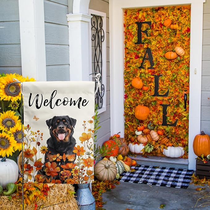 Rottweiler Fall Garden Flag Autumn Dog Yard Sign Orange Floral Thanksgiving Outdoor Banners for Outside 12x18 Double Sided Small Wild Flower Lawn Decorations
