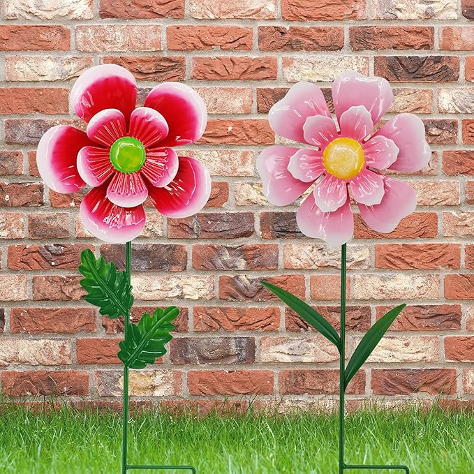Garden Wind Spinner 2 Pack, Outdoor Metal Flower Stake Decor, Waterproof Kinetic Sculptures for Backyard Flower Bed, Spring Gardening Gifts for Mom (Red/Pink)