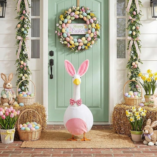 Abbylike 1 Set Easter Bunny Porch Goose Outfits Easter Yard Goose Clothes Costume with Bunny Ears Headband Fits Large 23'' Cement for Spring Outdoor Garden Yard Patio Statue Pathway Art Decorations