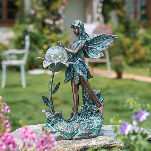 TERESA'S COLLECTIONS Garden Fairy Large Bronze Garden Sculptures & Statues Resin with Solar Outdoor Light, Valentines Decorations Lawn Ornaments for Outdoor Decor, Gifts for Women Mom, 11"