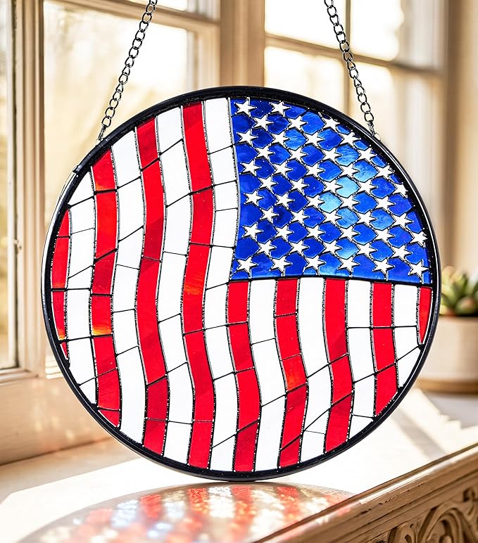 Stained Glass Window Hanging Suncatchers with Patriotic American Flag 12.6", Vibrant Glass Panel with Metal Chain for Home Decor Gift for Women Mother's Day, Birthday, Men, and Mom
