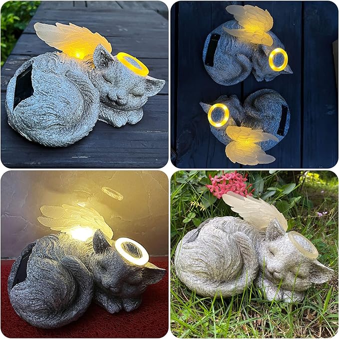 Banax Solar Powered Cat Angel Pet Memorial Tombstone Statue, Big Resin Cat Statue with Angel Wings, Pet Tribute for Tombstone or Outdoor Backyard Garden