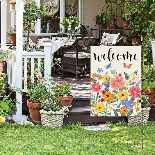 Baccessor Spring Summer Welcome Garden Flag Double Sided 12.5 x 18 Inch Burlap with Clip and Stopper,Floral Butterflies Flag Seasonal Farmhouse Front Yard Lawn Outside Outdoor Decoration