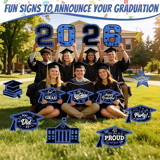 13Pcs Graduation Yard Signs Class of 2026 Large Congrats Grad Sign with Stakes & String Hanging Graduation Decorations for Indoor Outdoor Yard Lawn Porch School (Blue)