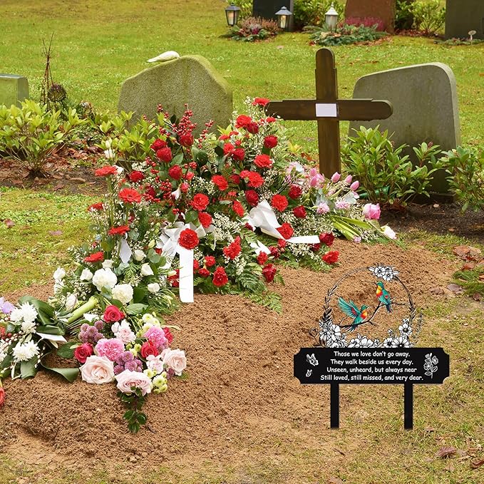 Rngmsi Hummingbird Cemetery Decorations for Grave, Bird Flower Metal Memorial Grave Markers for Humans, Memorial Plaques for Outdoors Grave Decor Sympathy Stake for Mom Dad Outside Yard Garden