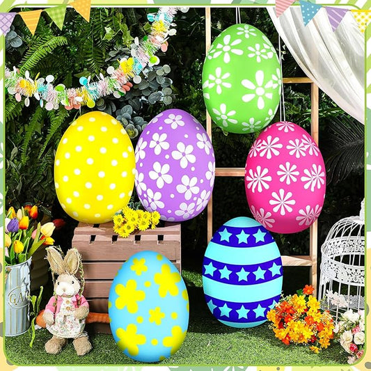 18 Pieces 12 Inch Inflatable Easter Eggs Easter Outdoor Yard Decoration Large Inflatable Hanging Eggs Ornaments Giant PVC Kids Toys for Garden Lawn Party Decor