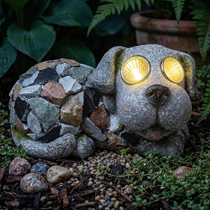 Outdoor Garden Decor Solar Dog Statue & Sculpture, Cute Dog Garden Statue, Solar Yard Decorations for Lawn Patio Front, Stone Resin Figurine ldeal Gift for Mom