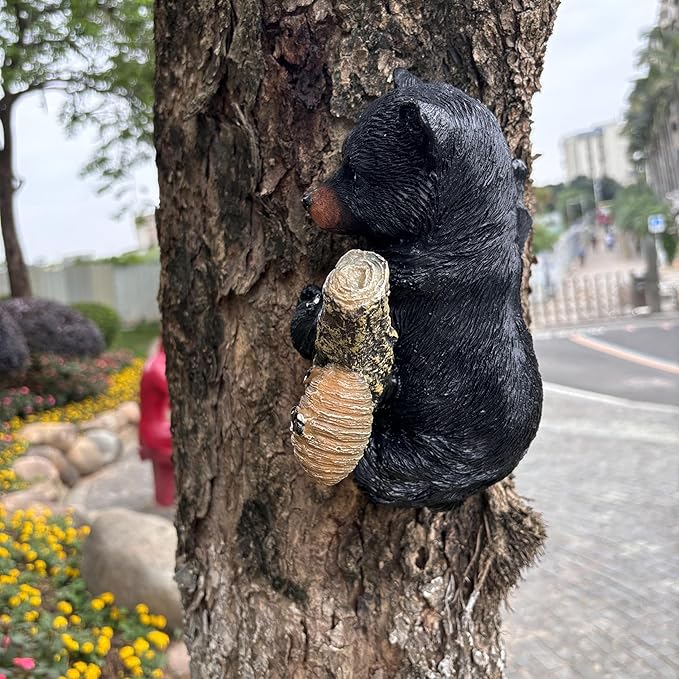 Black Bear cub Tree Hugger Decor. Forest Wildlife Animal Stadue,Climbing Tree Statue Hanging,Tree-Mounted - Realistic Polyresin stadue - for Housewarming, Outer Door,Garden, Yard.