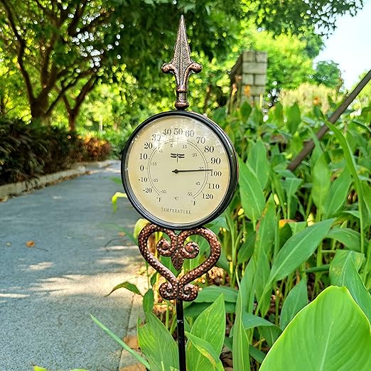 Cast Iron Thermometer Decorative Garden Stakes, Metal Thermometer for Patio Outdoor Decor and Yard Lawn Decorations