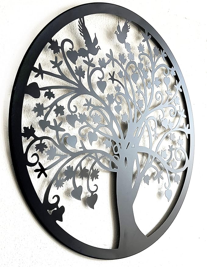 Bellaa 20193 Metal Wall Decor Tree Circle of Life Birds Nature Round Sign Indoor Living Room Rustic Art Outdoor Garden Patio Decor