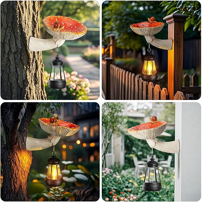 Etlemonde Solar Mushroom Garden Statue, Cute Hand-Painted Resin Decoration with Snail & Lantern, Waterproof Outdoor Ornament, Perfect Fairy Garden Decor & Unique Gift(Red)