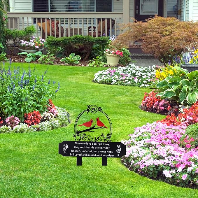 Cardinal Grave Decoration for Cemetery, Metal Tombstone Memorial Marker with Poem Weatherproof Outdoor Yard Garden Grave Stakes for Loss of Father Mother