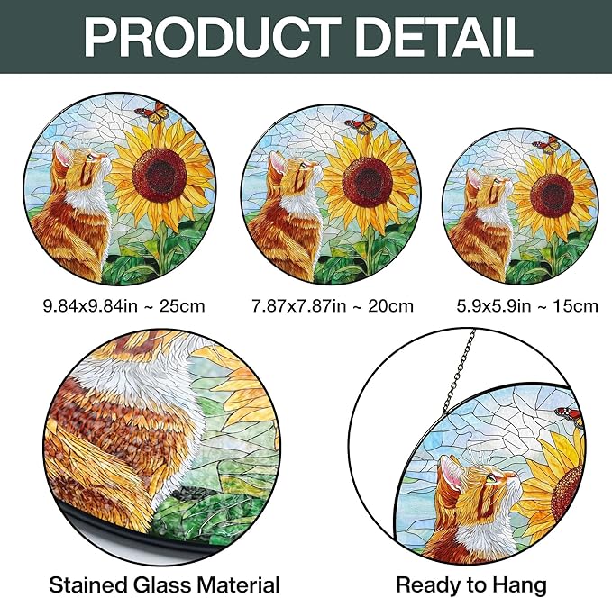 Orange Cat Stained Glass Suncatcher Orange Cat Lovers Gifts Window Hanging Garden Decor, Sunflower Memorial Pet Loss Sympathy Gift Christmas Birthday for Grandma, Friends, Mom, Women