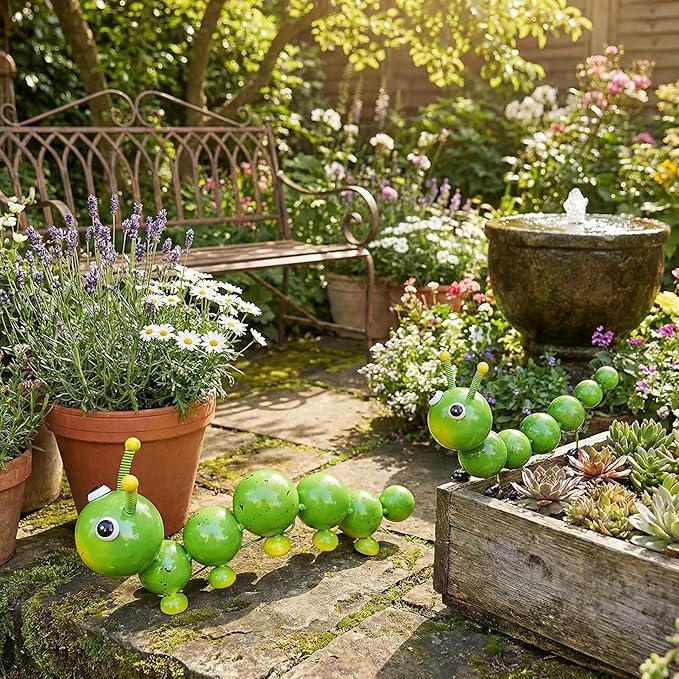 2 Pack Green Metal Caterpillar Garden Statues Outdoor Art, Cute Insect Lawn Ornaments for Backyard Patio Decorations, Funny Animal Yard Decor Gifts for Women Mom