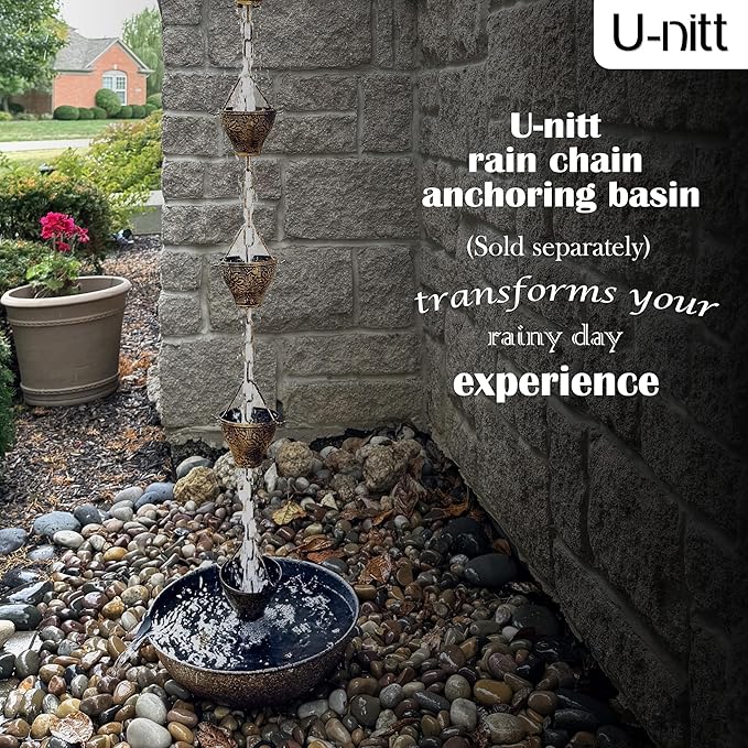 U-nitt Rain Chain Water Collection for Gutters Rainwater Catcher & Diverter, 8.5 FT Chains for Outside Garden, Sunflower Cups, Roof Downspout, Works with Heavy Rain, w/Gutter Clip for Rainchains