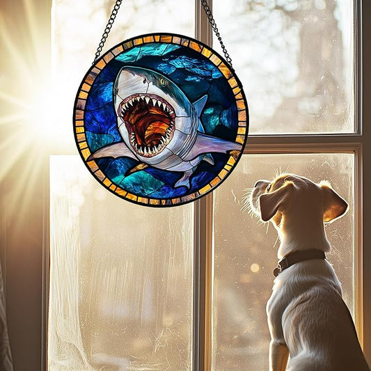 CHATYOUNG Stained Glass Window Hanging Ocean Sea Ferocious Big Shark Large 15" - Suncatcher Door Garden Sunroom Sun Catcher Home Decor Father's Day Birthday Christmas for Mom Men Woman Father Friend