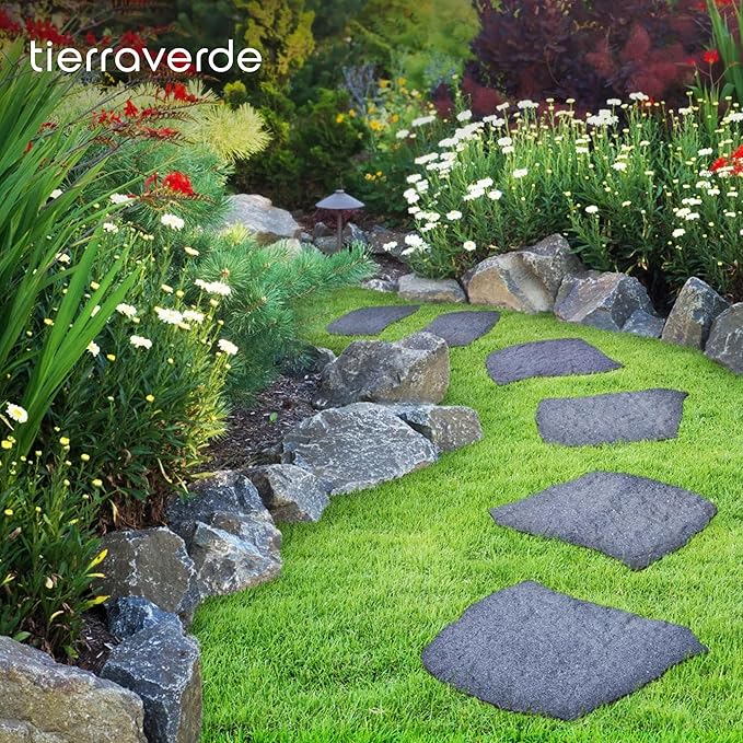 TierraVerde 4-Pack 18”x22” Natural Rock Rubber Stepping Stones, Grey – Non-Slip Outdoor Faux Decorative Set for Landscaping & Gardening – DIY Decor for Walkways & Yard Pathways