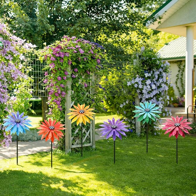 Suncalla 6 Pcs Metal Flowers Stakes Garden Decor for Outside 24 Inch Colorful 3D Zinnia Flowers Yard Art Decor for Spring Outdoor Lawn Porch Pathway Patio Decoration