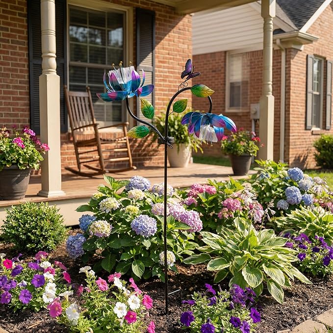 Solar Wind Spinner Outdoor Metal Garden Decor โ 2-in-1 Kinetic Double Lotus Flower Stake with Glowing Fiber Optic Lights, Multi-Color Spinning Yard Art Sculpture for Patio, Lawn, and Pathway