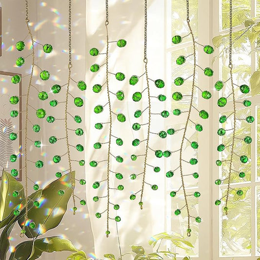 H&D HYALINE & DORA 6 Pcs Crystal Beaded Suncatchers Artificial Green Plants Hanging Wind Chime with Chain for Window Indoor Outdoor Potted Plants Decorations Plant Lover Gift