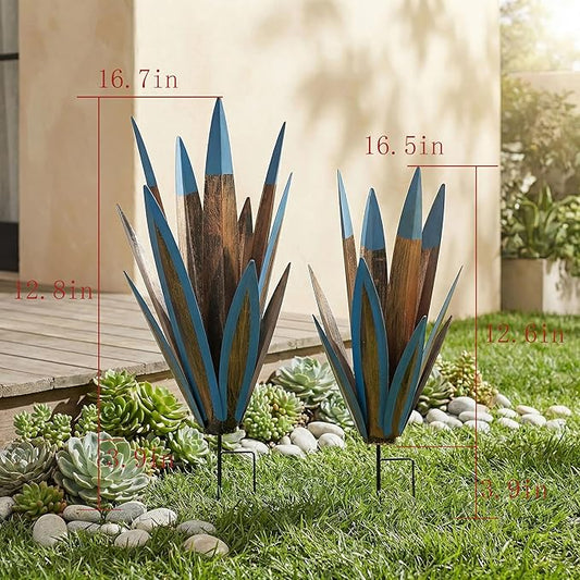 Metal Agave Plant Outdoor Statues 2-Pack Rustic DIY Hand-Painted Metal Yard Art, for Garden Lawn Patio Cactus & Agave Outdoor Decor
