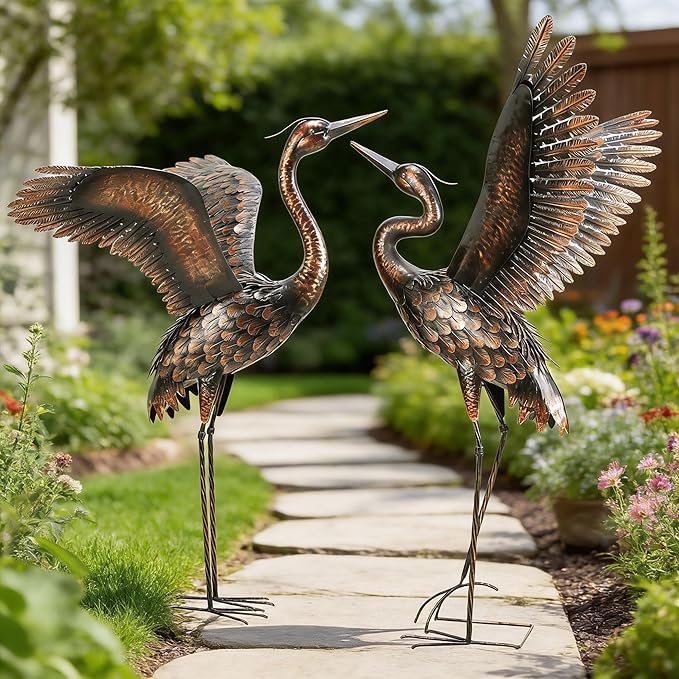chisheen Garden Statue Outdoor Metal Heron Crane Yard Art Sculpture for Lawn Patio Backyard Decoration,46 inch (2-Pack)