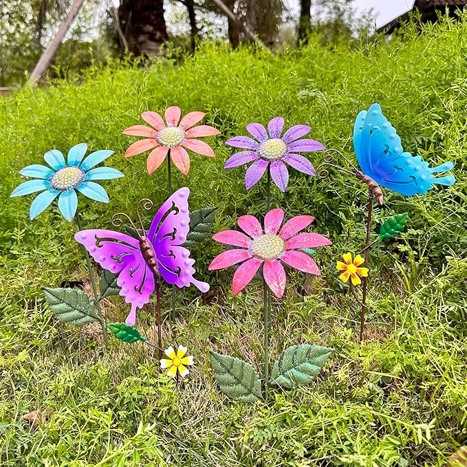 6Pack Metal Flowers for Outside,16.15 Inch Metal Flowers&Colorful Butterfly Decorative Garden Stakes for Spring Decor, Shaking Head Yard Art Garden Decorations for Outdoor Lawn Porch Pathway