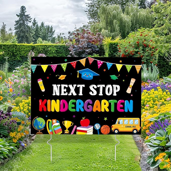 Class of 2026 Preschool Grad Yard Sign - Next Stop Kindergarten Graduate Lawn Sign with Stake Pre-K Congrats Graduation Decors Colorful Graduation Party Favors Supplies for Outdoor Photo Booth Props