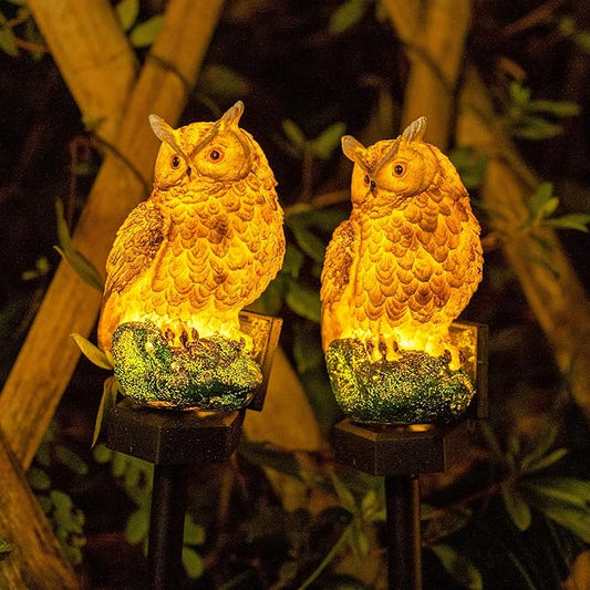 Dazzle Bright 2 Pack Owl Figure Solar LED Lights, Resin Garden Waterproof Decorations with Stake for Outdoor Yard Pathway Outside Patio Lawn Decor to Scare Birds Away, Gifts For Women, Owl Lovers