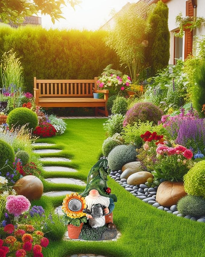 GoGnome Solar-Powered Large Garden Gnome Watering Can Sunflower - 12 in Garden Decor Gnomes Decorations for Yard Lawn Ornaments Outside Statue Figurine LED Lights (Gnome)